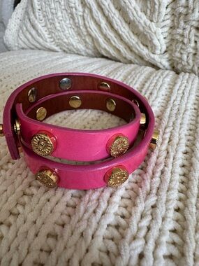 Tory Burch Pink Leather Double Wrap Bracelet with Gold Studs